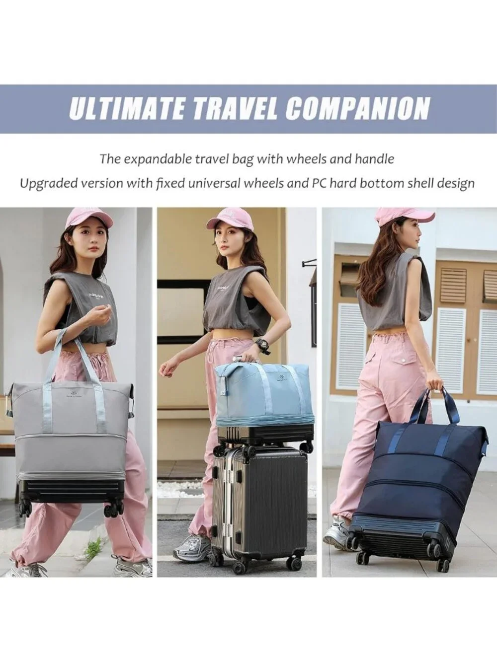 Foldable Duffle Bag with Wheels, Expandable Travel Luggage, Large Carry-On for